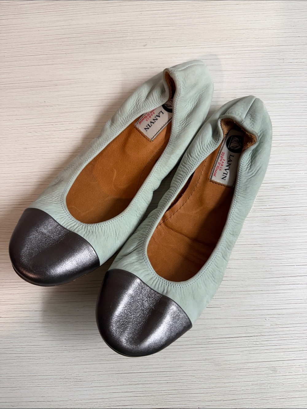 Lanvin Mint Green Leather Ballet Flats with Metallic Silver Toe